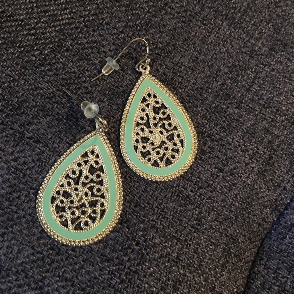 Gold, Green Dangle Teardrop Earrings